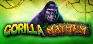 O jogo Gorilla Mayhem apresenta gráficos vibrantes de um gorila na selva